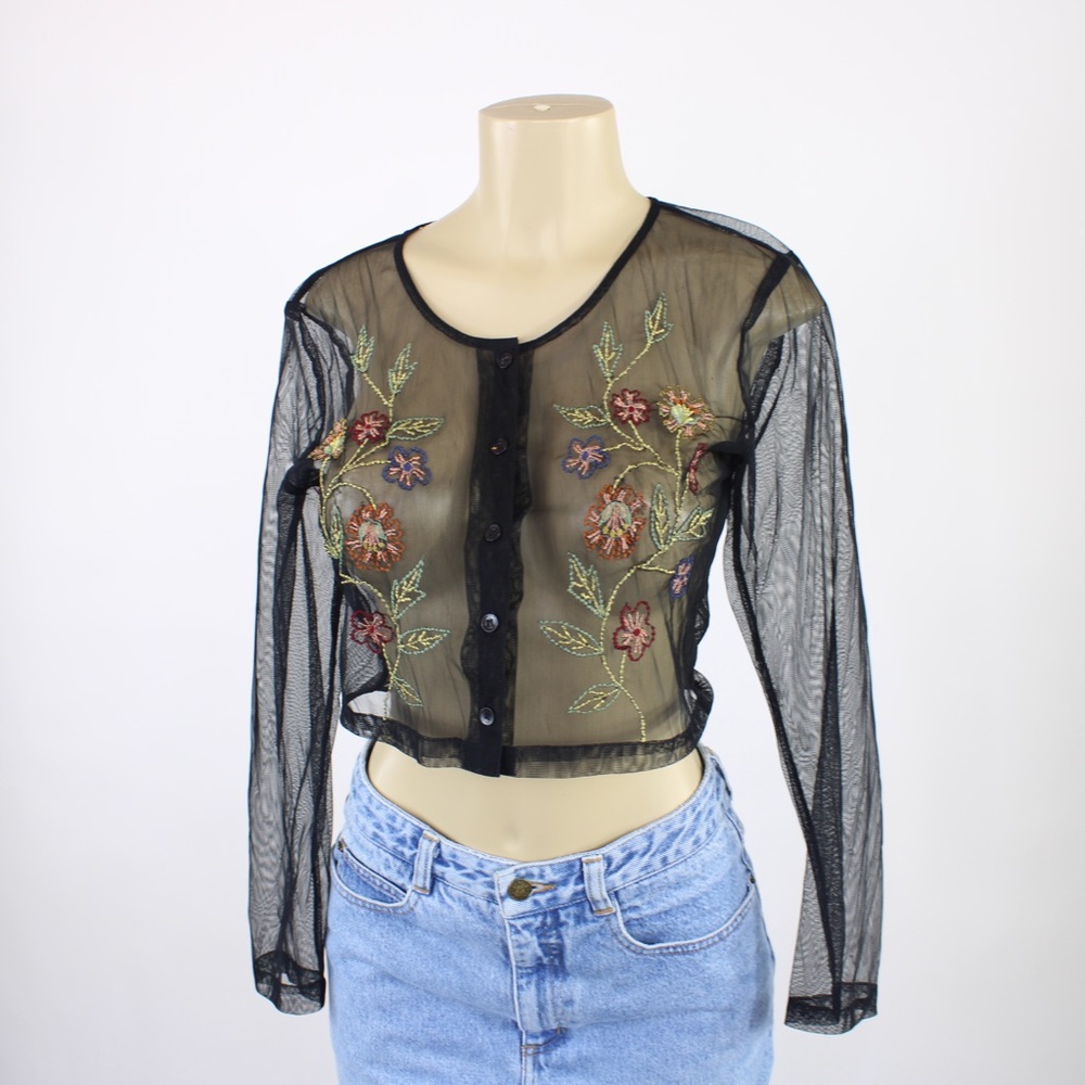 Vintage 90s Black mesh cardigan with flowers